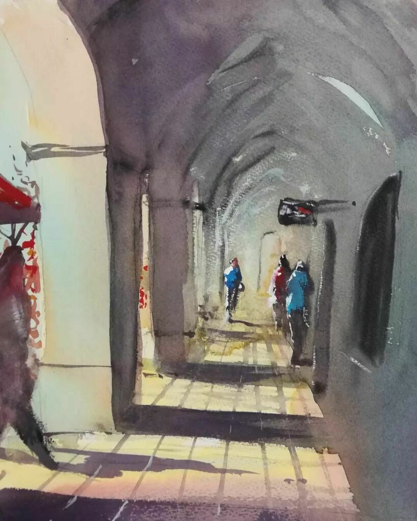 MeeArtist's tweet photo. #robertmeeartist #aquarelle #watercolor #sunshine #architecture #shadows #loosewatercolor #figures https://t.co/KtxiyLCX6M