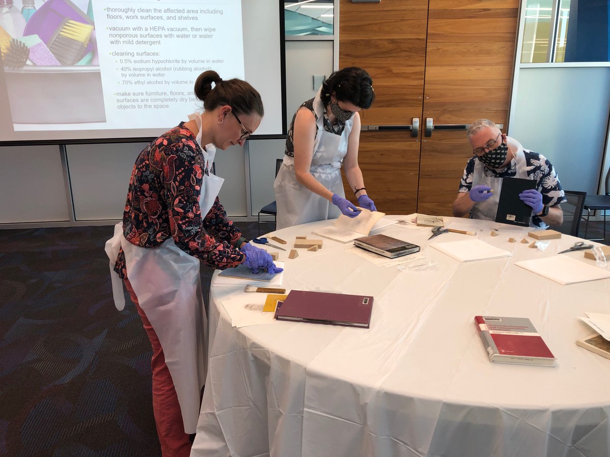 CCAHAconserve's tweet photo. A special thanks to everyone who joined us yesterday for our pre-conference mold workshop at the 2022 @SocFLArchivists Annual Meeting! #CCAHA Executive Director Laura Hortz Stanton taught collections staff all about the fuzzy foe. #Mold #MoldyBooks #MoldRemediation. https://t.co/VOR7hGMhbK