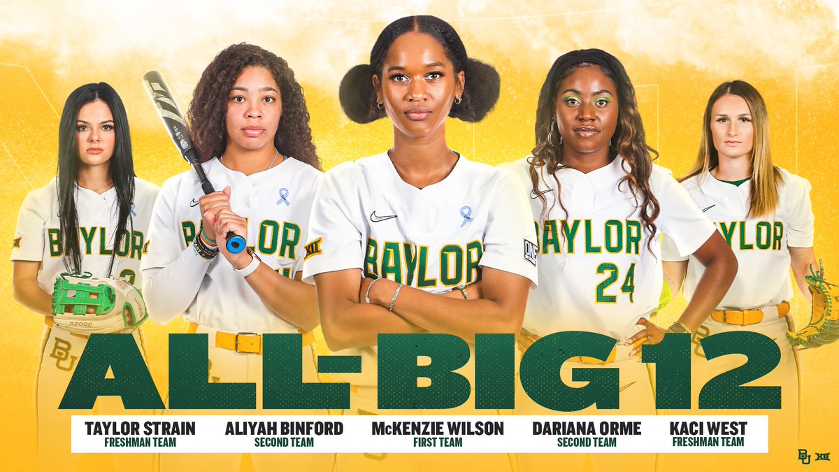 BaylorSoftball's tweet photo. Big Bear Energy 🤩

Congrats to all of our All-Big 12 honorees!!!

First Team - @macwilson21 
Second Team - @AliyahBinford &amp; @Darqueeeen_ 
Freshman Team - @taylorstraiin &amp; @KaciWestttt 

#SicEm🐻🥎 https://t.co/ibTZwaYv5R