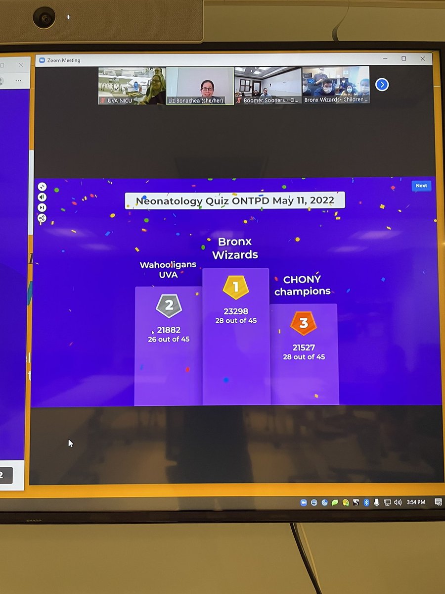 UVaNICU's tweet photo. For the 2nd year in a row, our top-notch fellows made the podium in the annual ONTPD Neonatology Kahoot Quiz bowl! Well done!! #neoTwitter @NeoTECaN https://t.co/0YlxEuTcvA