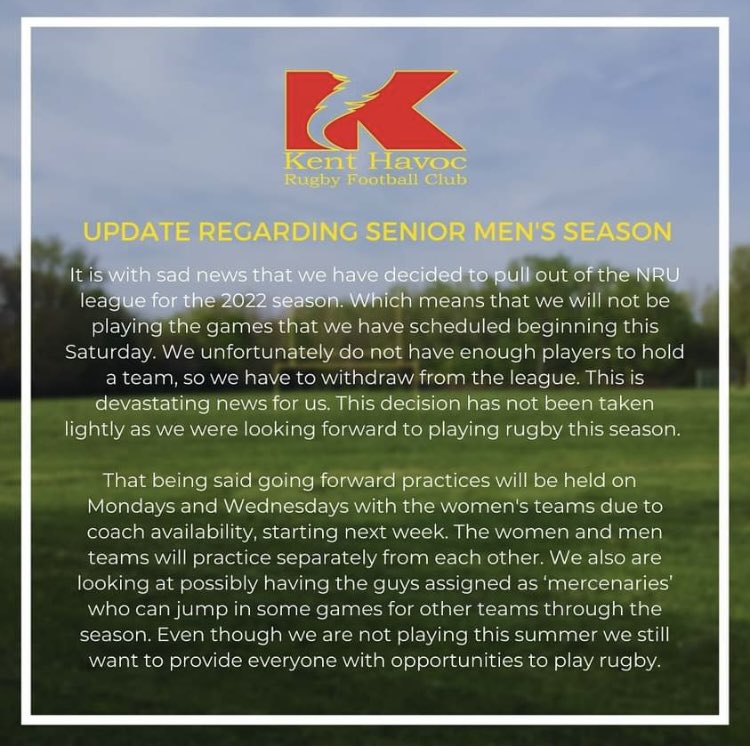 KentHavocRFC's tweet photo. Update: Senior Men’s 2022 Season 🏉 https://t.co/TrtnmI8TBe