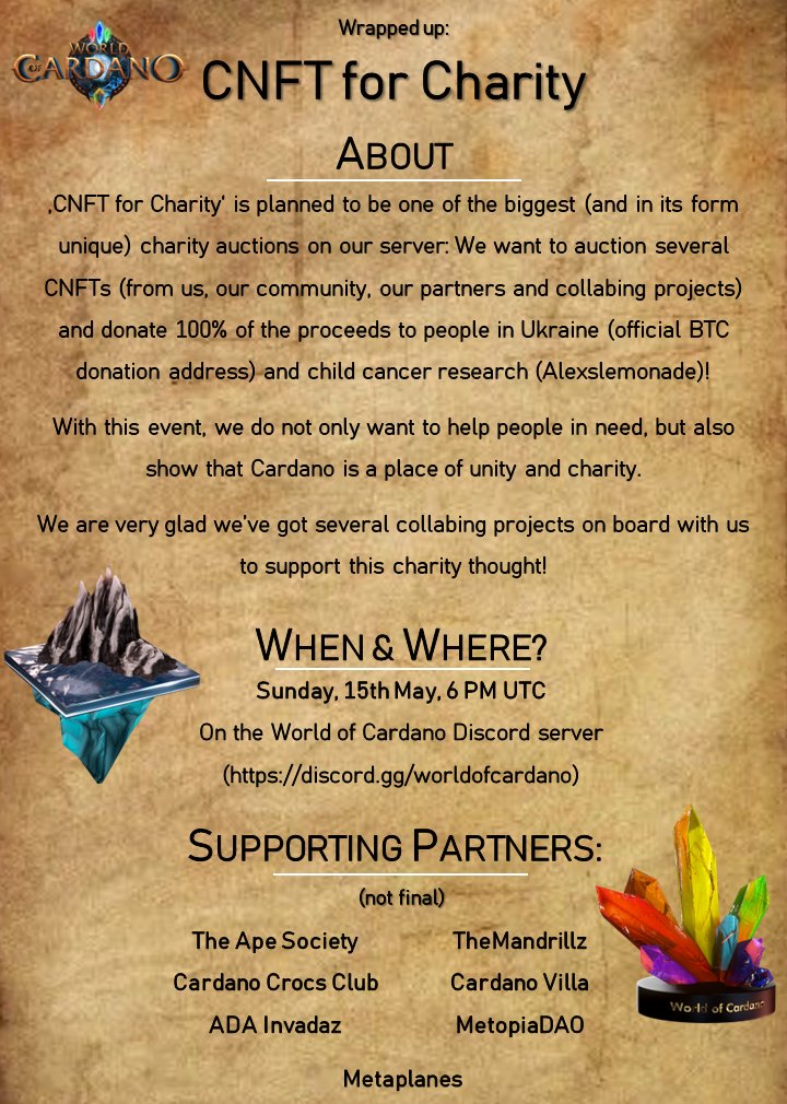 worldofcardano's tweet photo. "CNFT for Charity" is the first event hosted by #WOC

Featuring:

@the_ape_society 
@CardanoCrocClub 
@TheMandrillz 
@cardanovilla 
@ADAINVADAZ 
@metaplanesnft 
@MetopiaDAO 
- and more

Revenue of the auction will go to 
@Ukraine &amp; @AlexsLemonade

Don't miss the 15th May 6 PM UTC https://t.co/lLJ1sofWuy
