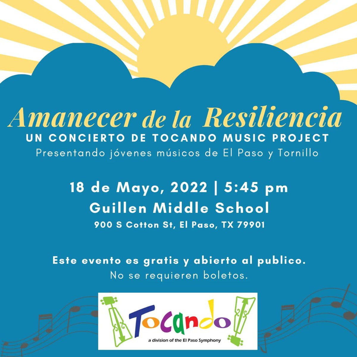 Mark your calendars! All Tocando musicians are coming together for our final concerts next week! Our final community concert takes place 5/18 at 5:45pm in #SegundoBarrio. 🎻 🎤 🎶 You can also hear them at the Plaza Theatre on 5/22 during the wonderful EPSYO concert!