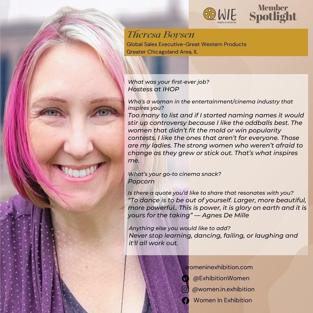 ExhibitionWomen's tweet photo. "Never stop learning, dancing, failing, or laughing and it'll work out." - Theresa Boysen.
This week's #WIEMemberSpotlight highlights Theresa! Get to know her better!
#WIE #WCW #femaleentrepreneurship #WomenInExhibition #CinemaExhibition #WomenCrushWednesday https://t.co/K8mJHqf2Vk