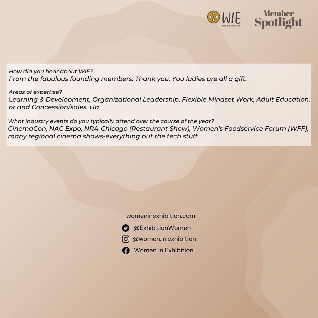 ExhibitionWomen's tweet photo. "Never stop learning, dancing, failing, or laughing and it'll work out." - Theresa Boysen.
This week's #WIEMemberSpotlight highlights Theresa! Get to know her better!
#WIE #WCW #femaleentrepreneurship #WomenInExhibition #CinemaExhibition #WomenCrushWednesday https://t.co/K8mJHqf2Vk
