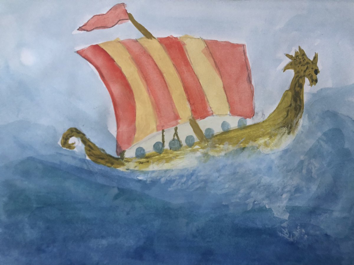 LylaArtist's tweet photo. My homework, watercolour of a Viking boat #ArtistOnTwitter I was 9 on Saturday 🎈🎂🥳 https://t.co/Yb7pplVD6W