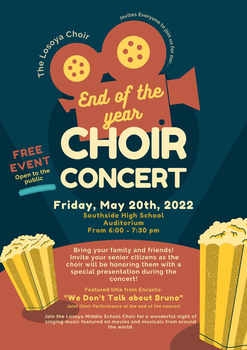 Losoya_MS's tweet photo. @southsideisd  #RootEdLosoya_MS Save the date for Choir Movie Night Concert on May 20th. https://t.co/as0f8FRztQ