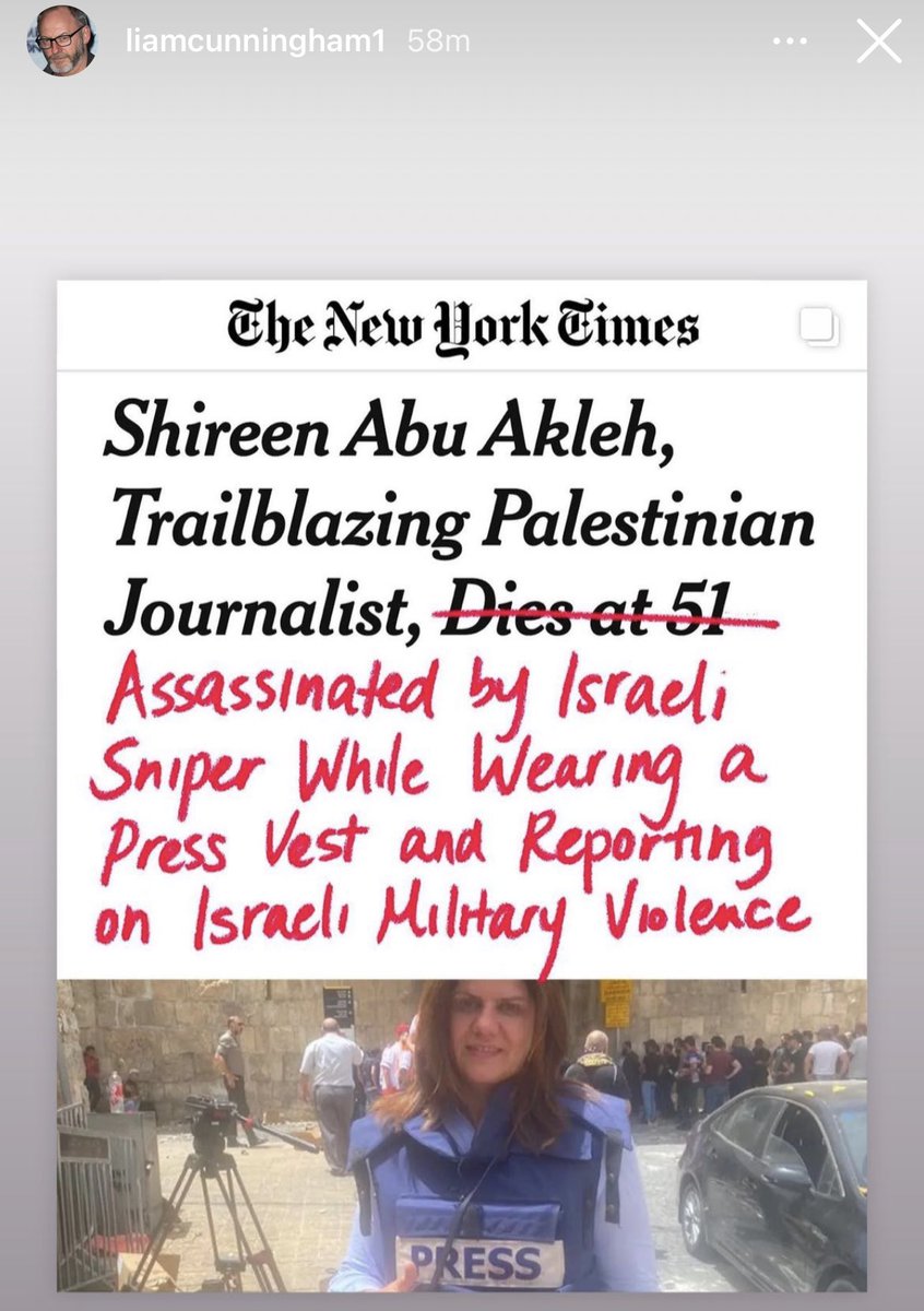 Celebs__Arabic's tweet photo. نجم مسلسل 'Game of Thrones' ليام كانينغهام يعدّل خبر صحيفة NY Times عن "وفاة" #شيرين_ابو_عاقلة: 

"تم إغتيالها من قبل قناص اسرائيلي وهي ترتدي سترة الصحفيين وتغطّي وحشية الجيش الاسرائيلي". https://t.co/jsmGS1pVrk