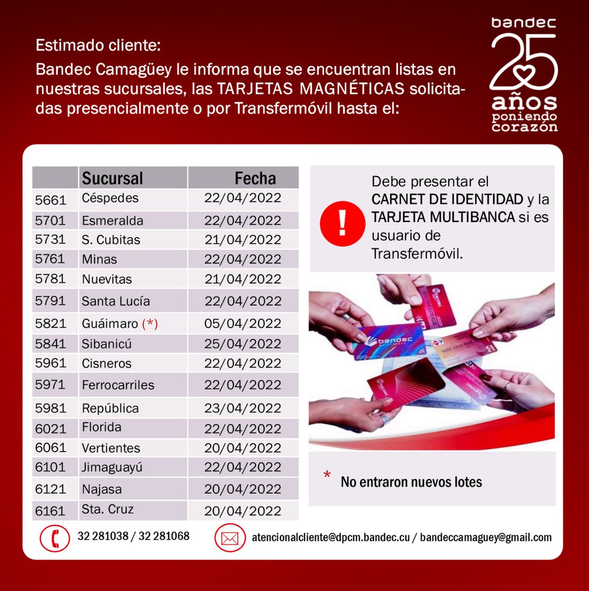 A los clientes que solicitaron tarjetas  💳 en CUP o USD en nuestras 🏦 16 sucursales de #Camagüey #Cuba antes del #20DeAbril, #BandecInforma 📣 que, pueden pasar a recogerlas en el horario de 8 am a 3 pm, de lunes a viernes, y los sábados, de 8 am a 11 am.
#BandecNoSeDetiene👇