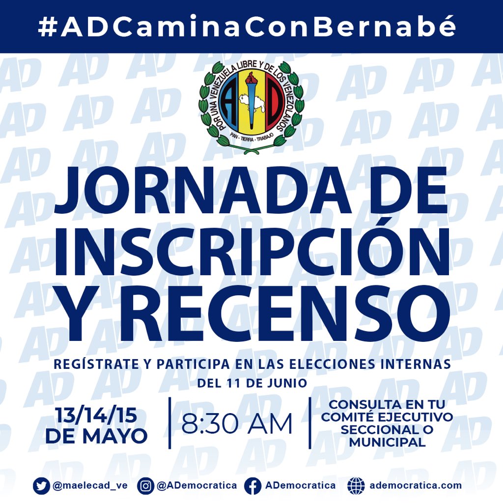 El #11Jun día de San Bernabé, será una fecha histórica para el partido y Venezuela, realizaremos las elecciones internas de #AcciónDemocrática. A partir del viernes #13May hasta el domingo #15May, inscríbete o recensate en cualquier punto de tu seccional. #ADCaminaConBernabé