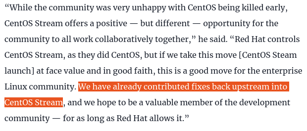 Hey <a href="/rocky_linux/">Rocky Linux</a>, which fixes were these?  I've been on the lookout for them but haven't noticed anything yet.  Us in the <a href="/CentOS/">CentOS Project</a> project would love to help celebrate this collaboration.

venturebeat.com/2022/05/11/roc…