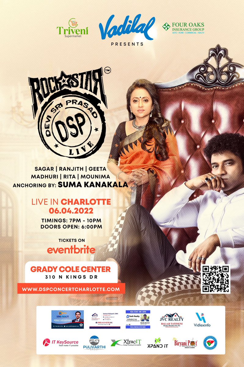 AswethC's tweet photo. Rockstar Devi Sri Prasad Musical Night in Charlotte!!! June 4th 2022. At Grady Cole Center Charlotte.@ThisIsDSP @geethasinger https://t.co/ZQpQ11LknE