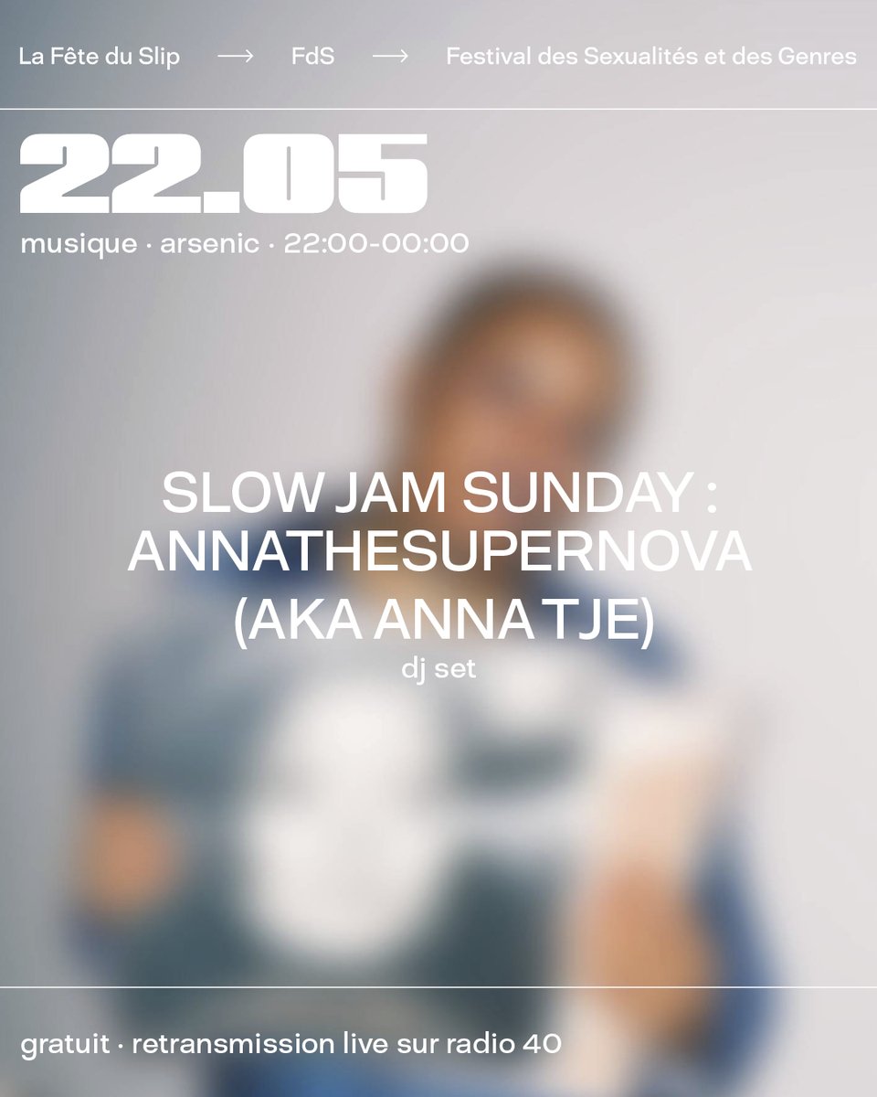 FdSfestival's tweet photo. Slow Jam Sunday · AnnaTheSupernova (aka Anna Tje) (FR) · dj set · rnb/soul/disco/house · 120’

📍 @arseniclausanne 
Dimanche 22.05 · 22:00 - 0:00 
🔥 FREE 🔥 https://t.co/zV25SmmOey