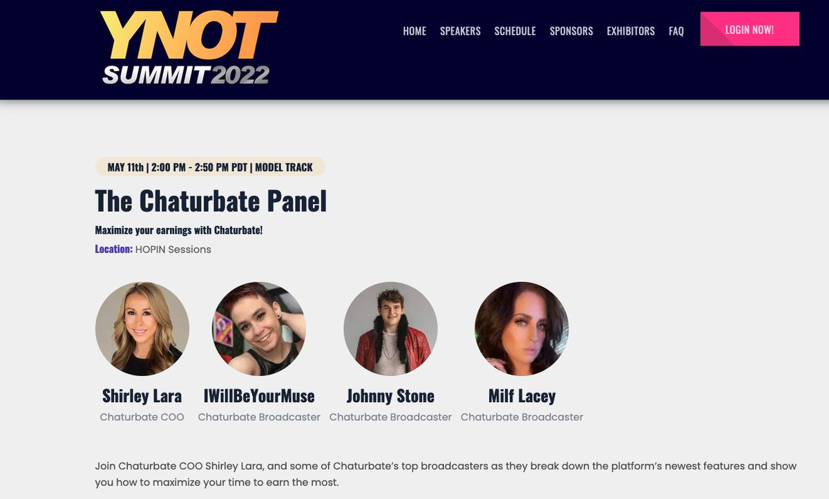 YNOTConnor's tweet photo. Hey @chaturbate models (or interested models)! Coming up in 30 mins, your chance to hear from Chaturbate COO Shirley Lara and top Chaturbate models on how to get the most from the platform. HUGE opportunity! #YNOTSummit #FreeToRegister #JoinUs

https://t.co/JabtnWypEt https://t.co/3MrQSBR0OK