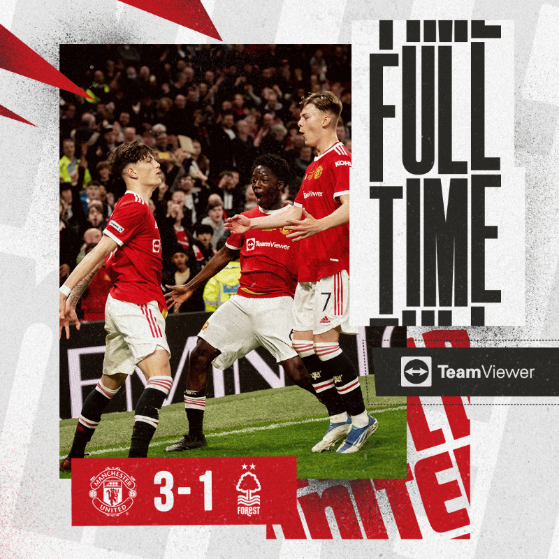 ManUtd's tweet photo. 🏆 #FAYouthCup: winners! 🔴

A goal from Rhys Bennett and an Alejandro Garnacho double secures our victory at Old Trafford 👏

#MUFC | #MUAcademy