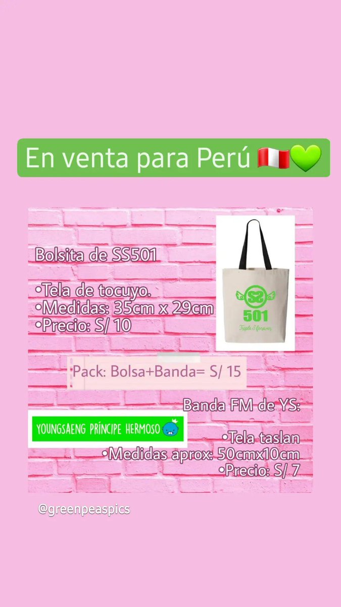 greenpeaspics's tweet photo. HOLAAAA,
Estoy vendiendo estas cositas de SS501 para Perú 🇵🇪💚. Agradecería mucho su ayuda con un rt.

Pd: para la bolsita y la banda solo aceptaré pedidos hasta este fin de semana

#SS501 #허영생 #TripleS https://t.co/7i8K2c3TAQ