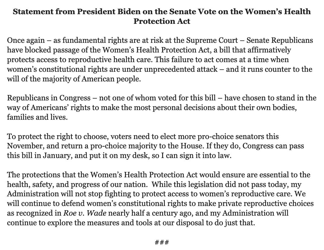 .<a href="/POTUS/">President Donald J. Trump</a> responds to Senate vote: "To protect the right to choose, voters need to elect more pro-choice senators this November, and return a pro-choice majority to the House. If they do, Congress can pass this bill in January, and put it on my desk, so I can sign it into law."