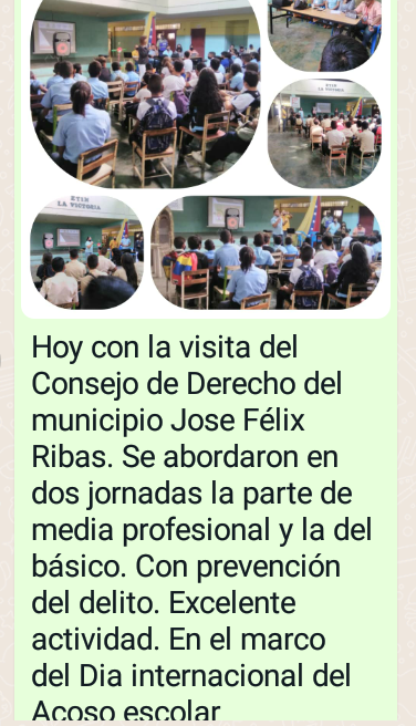 Excelente charla en el marco Día Internacional del Acoso Escolar por paté del Consejo de Derecho del Municipio Jose Félix Ribas.