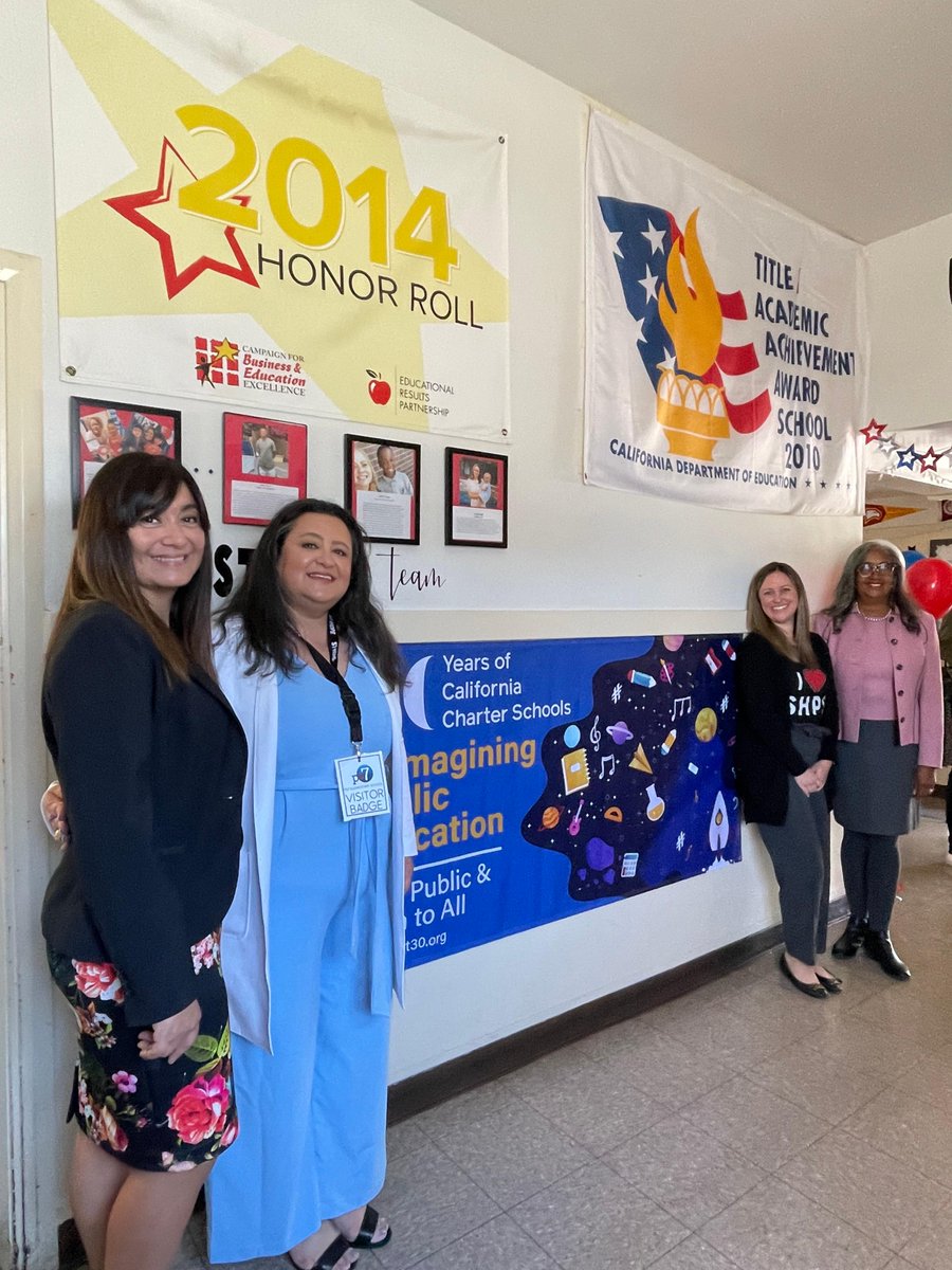 .@CALcharters Pres & CEO @MyrnaCastrejon showing #ChartersAt30 spirit w/ @CADeptEd Dir. of Charter Schools Div. Stephanie Farland & @StHOPEOakPark Superintendent Kari Wehrly & CEO Cassandra Jennings. Here's to 30 more years of student opportunity & success! #CharterSchoolsWeek