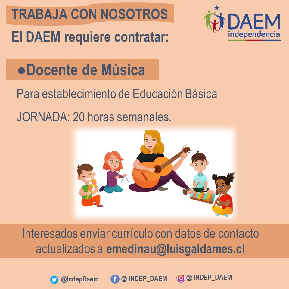 #TrabajaConNosotros En <a href="/INDEP_DAEM/">DAEM_Independencia</a> necesitamos contratar a docente de música con 20 horas semanales para una de nuestras escuelas  🎼🎶🎵
<a href="/Duranbaronti/">Gonzalo Durán</a> <a href="/Muni_Indep/">Municipalidad de Independencia</a>
<a href="/liceoquito/">Liceo San Francisco de Quito (Ex Escuela N°18)</a> <a href="/Convivencia_esc/">Liceo Pte. Balmaceda</a> <a href="/AntuhuilenEP/">Antu-Huilen</a> <a href="/BasicaLuis/">Escuela Básica Luis Galdames</a>
+ Info aquí 👇👇👇