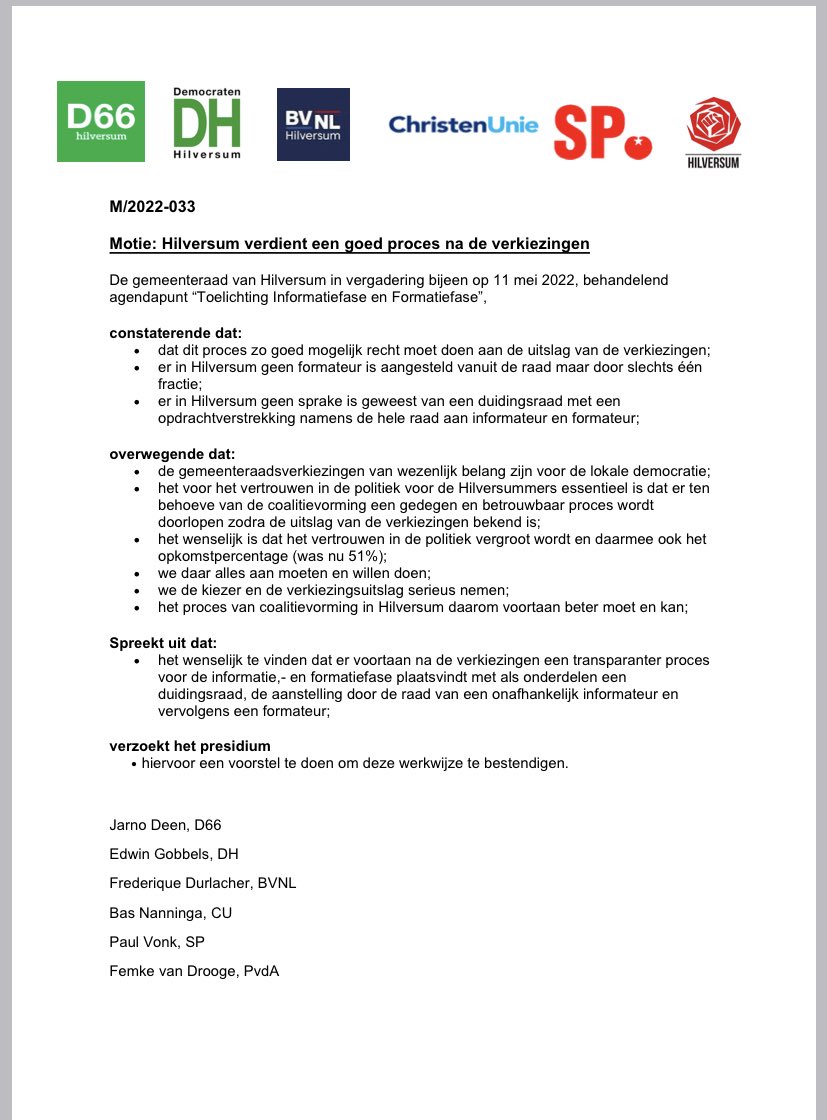 D66 Hilversum (@d66hilversum) on Twitter photo Motie unaniem aangenomen in de raad: Hilversum verdient een goed proces na de verkiezingen. Motie unaniem aangenomen in de raad: Hilversum verdient een goed proces na de verkiezingen.