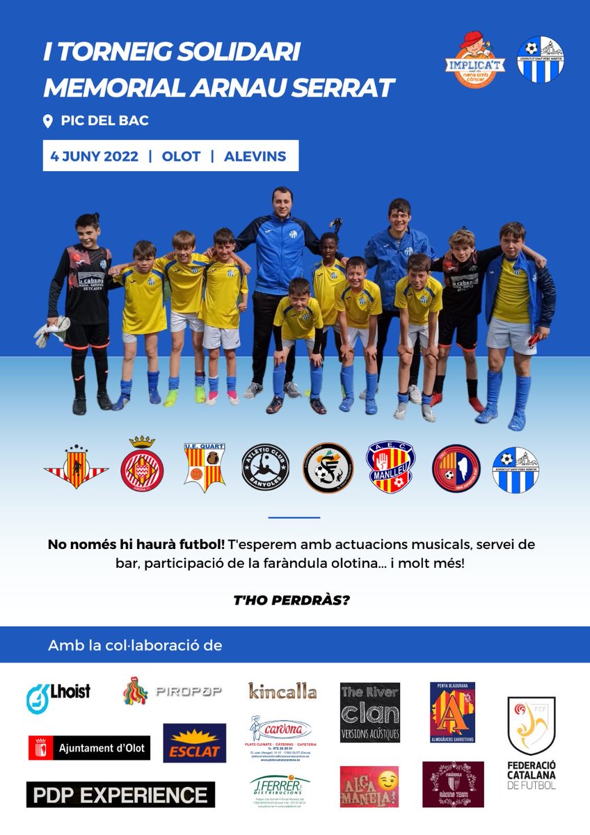 Futbol, solidaritat i molt més!
No us ho podeu perdre! Som-hi!
⁦<a href="/olotjspm/">JSPM</a>⁩ ⁦<a href="/AFANOC/">Associació d'infants i joves amb càncer (AFANOC)</a>⁩