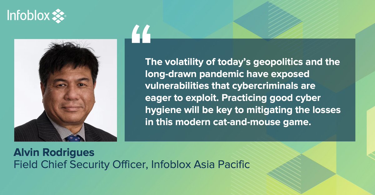 Infoblox's tweet photo. Alvin Rodrigues, Field Chief Security Officer for Infoblox Asia Pacific shares how cybercriminals are exploiting the #Ukraine conflict with scams and malspam, practicing better #cyberhygiene and more. 🇺🇦 🫧 🖥️

Have a read on @CSAnewsportal: https://t.co/PRhz245hOP https://t.co/txWKkHFXoq