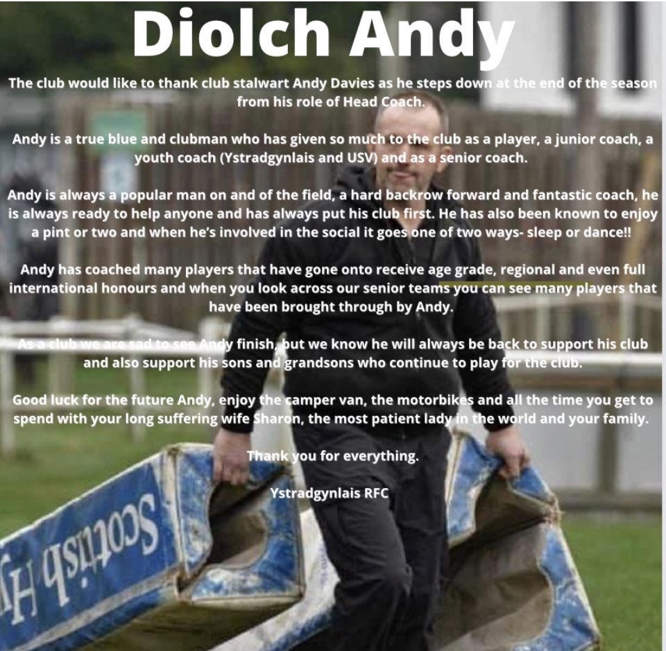 Thank you Andy Davies 

We would like to thank club stalwart Andy Davies as he steps down from his role of Head Coach. 

Andy is a true blue and clubman who has given so much to the club as a player, a junior coach, a youth coach (Ystradgynlais and USV) and as a senior coach.