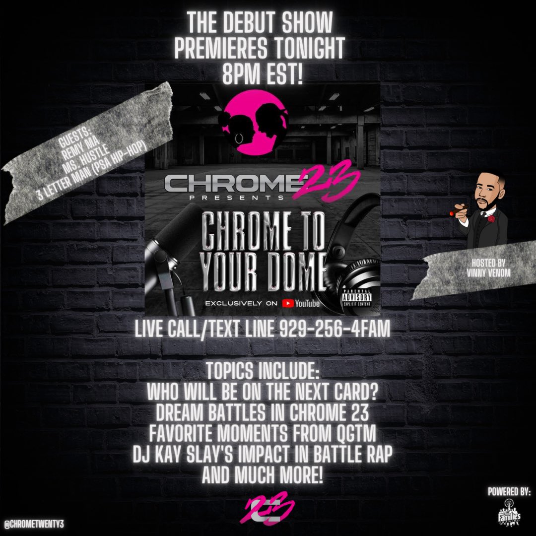 ChromeTwenty3's tweet photo. Tonight 8PM EST!!
#ChromeToYourDome
Letโs talk yโall!!
Only on @youtube
https://t.co/1cvv8Lyuwe https://t.co/0svwtC1Ikc