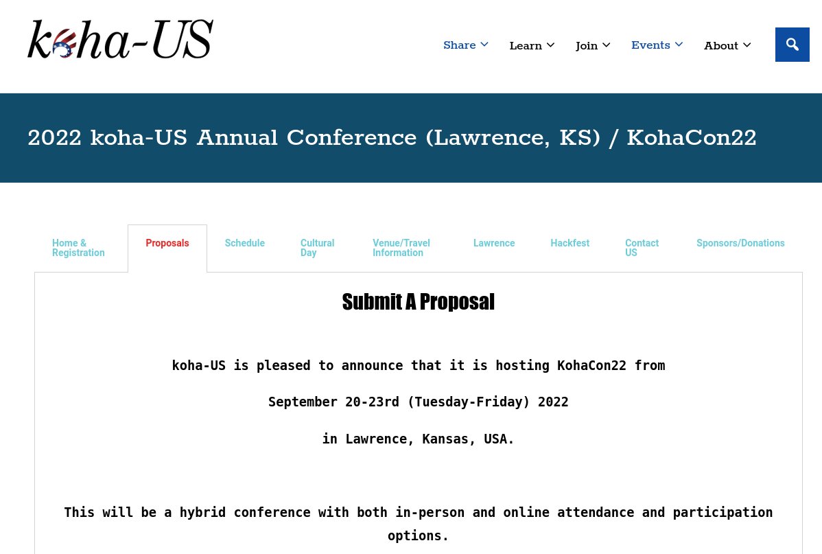 The call for presentations for KohaCon22 is now open! Presentations can be delivered in person or online (live or pre-recorded). Deadline: 3 June 2022 Details: - Conference website koha-us.org/events/confere… - Mailing list announcement lists.katipo.co.nz/pipermail/koha… #KohaILS #KohaUS