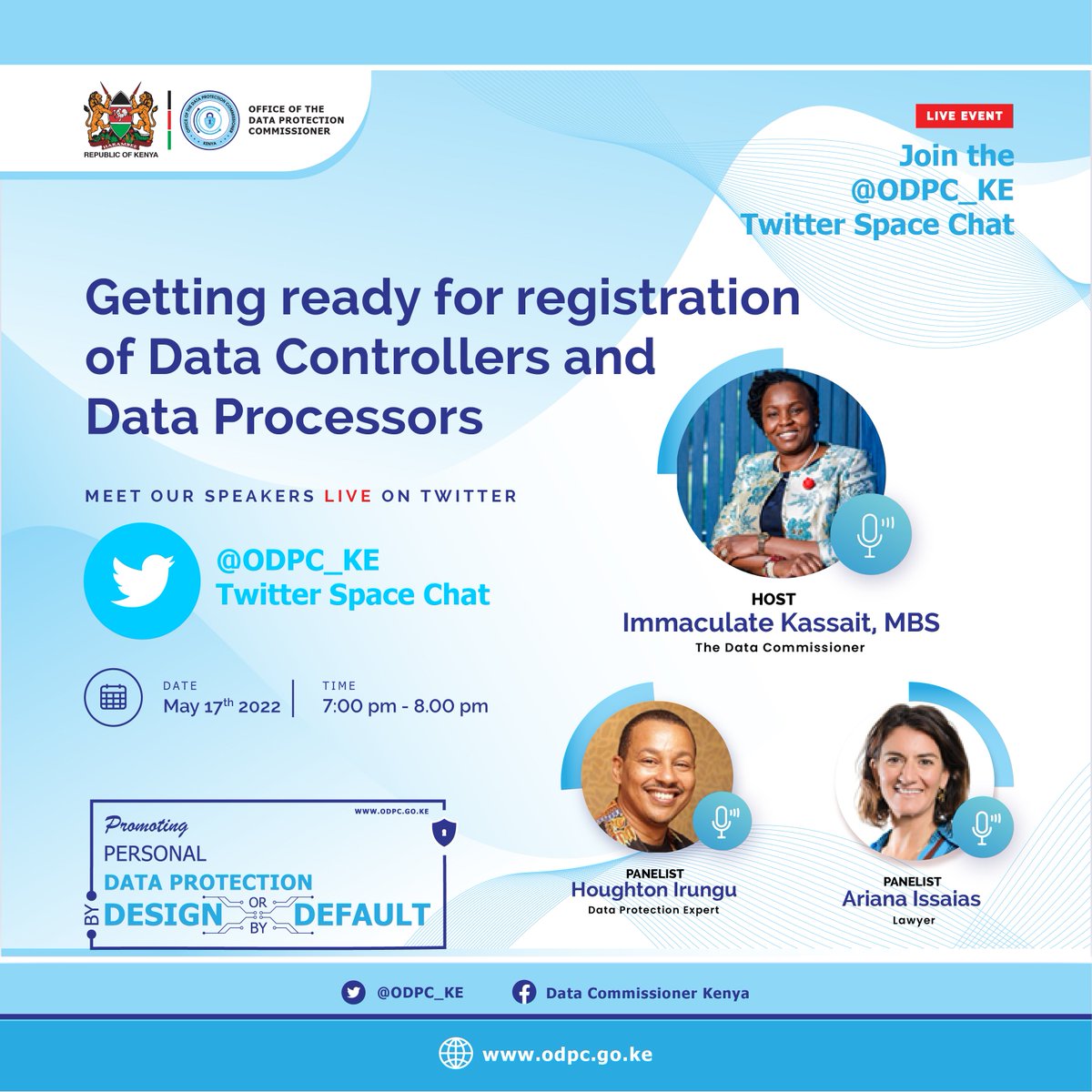 Are you a 𝗗𝗮𝘁𝗮 𝗖𝗼𝗻𝘁𝗿𝗼𝗹𝗹𝗲𝗿 or/and a 𝗗𝗮𝘁𝗮 𝗣𝗿𝗼𝗰𝗲𝘀𝘀𝗼𝗿? Do you handle or process personal information of individuals? Join and chat with the Data Commissioner, Ms. Immaculate Kassait, MBS and Panellists 𝗹𝗶𝘃𝗲 on <a href="/ODPC_KE/">OFFICE OF THE DATA PROTECTION COMMISSIONER</a> Twitter Space. 

#DataProtectionKE