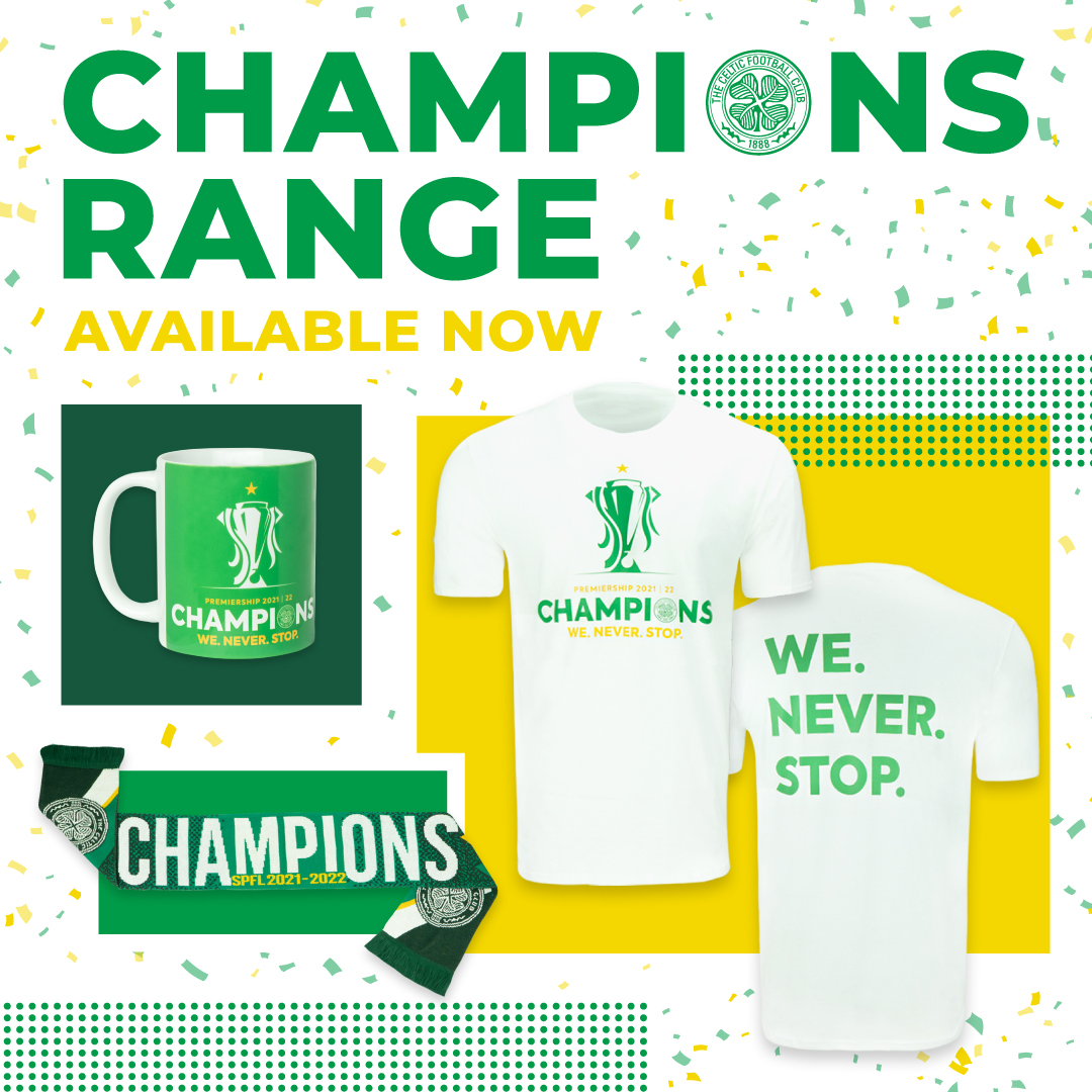 CelticFCShop's tweet photo. 🎶 𝙏𝙃𝙀𝙎𝙀 𝘼𝙍𝙀 𝙏𝙃𝙀 𝘾𝙃𝘼𝙈𝙋𝙄𝙊𝙉𝙎! 🎶

Celtic Football Club are the 2021/22 #cinchPrem Champions! 🏆🍀 Champions Range Available to Pre-order Now ➡️https://t.co/Qq8E6ztEQM https://t.co/alwJTKE3XJ