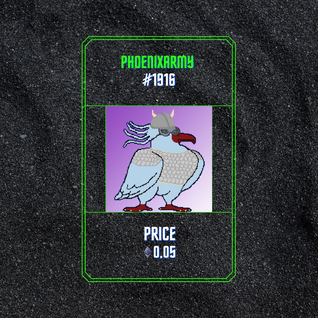 PhoenixArmy #1916!!!
Available on Opensea Now!!!

Check link in bio!
linktr.ee/pheonixarmy

Search PhoenixArmy on Opensea to view collection and join the Army!