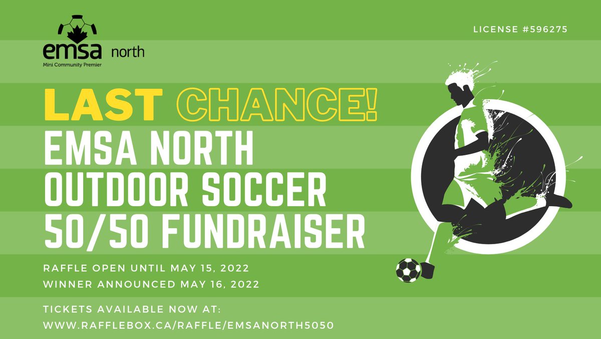 Tickets are almost sold out for our Outdoor Soccer 50/50 Fundraiser! Visit rafflebox.ca/raffle/emsanor… now to buy your tickets before it's too late!