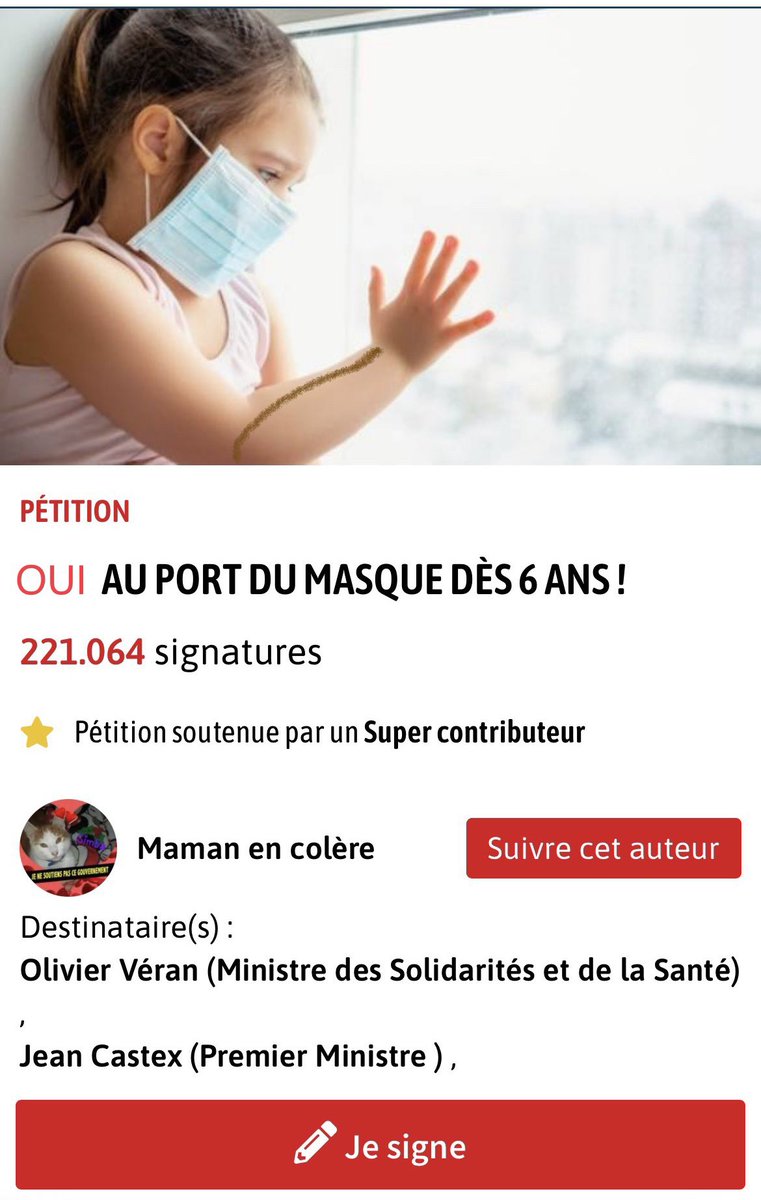 DCornichet's tweet photo. SIGNEZ avec moi la pétition : OUI au port du masque dès 6ans !

C'est chez eux que le virus circule le plus !! STOPPONS LA COVID ! 
Nous avons déjà plus de 200 000 signature !

#COVID19 #FFP2 #Pfizer #Vaccin #NoVaxAndAlive https://t.co/D3BpYPFH3m