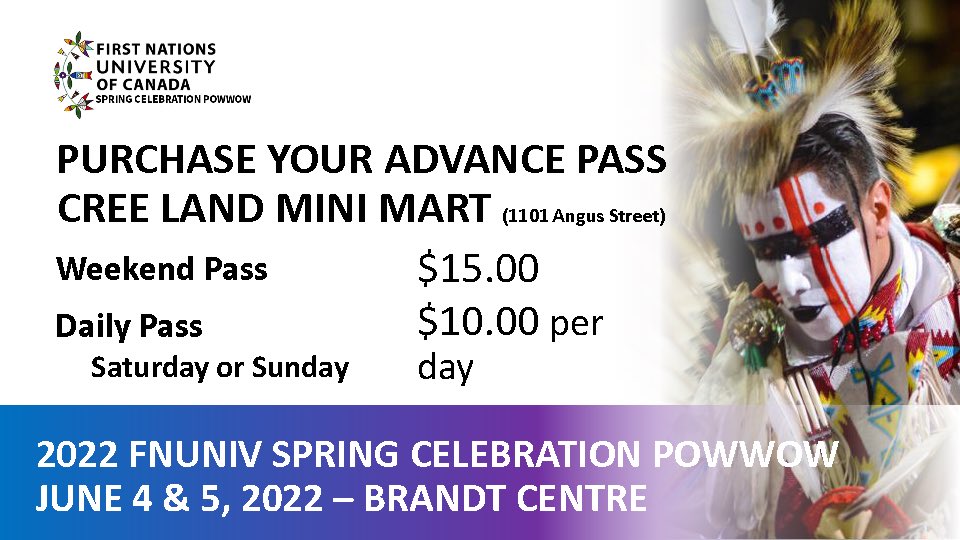 fnunivpowwow's tweet photo. GET YOUR PASSES EARLY! @fnunivpowwow Advance Passes are now available for purchase at Cree Land Mini Mart in #yqr https://t.co/n7ftQWdmJH
