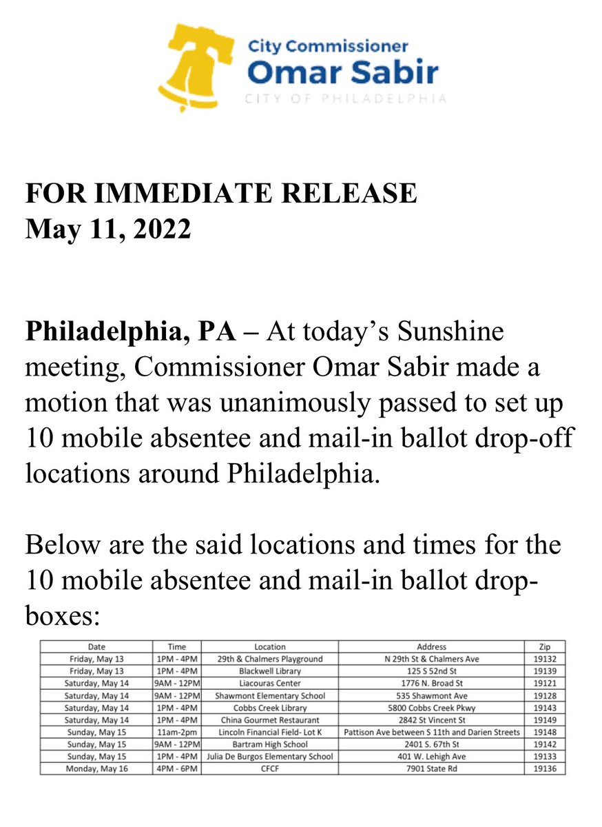 Commissioner Omar Sabir (@omar4philly) on Twitter photo I would like to thank My Colleagues <a href="/DeeleyforPhilly/">Lisa Deeley</a> & <a href="/SethBluestein/">Seth Bluestein</a> for Their Support...These Mobile Locations are in Addition to the 16 Eagles Green Drop Boxes Located Across Philadelphia please Go <a href="/PhillyVotes/">Philadelphia City Commissioners</a> To Find a Location Near You #commish #Elections #votePhillyvote I would like to thank My Colleagues <a href="/DeeleyforPhilly/">Lisa Deeley</a> & <a href="/SethBluestein/">Seth Bluestein</a> for Their Support...These Mobile Locations are in Addition to the 16 Eagles Green Drop Boxes Located Across Philadelphia please Go <a href="/PhillyVotes/">Philadelphia City Commissioners</a> To Find a Location Near You #commish #Elections #votePhillyvote