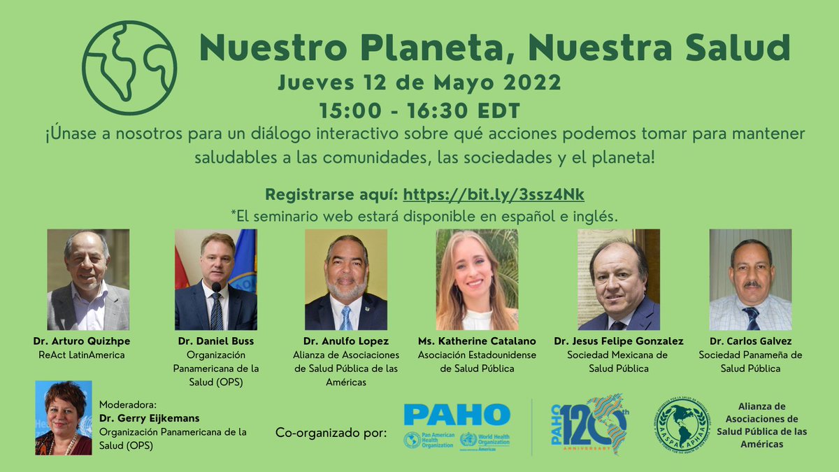 ¿Qué acciones podemos tomar 🤔 para mentener saludables a las comunidades, las sociedades y el 🌎 planeta? Participa en el seminario virtual Nuestro Planeta, Nuestra Salud mañana 🗓️ jueves 12 de mayo a las ⏰ 15:00 EDT.               
Regístrate aquí ⤵️ 
bit.ly/3ssz4Nk