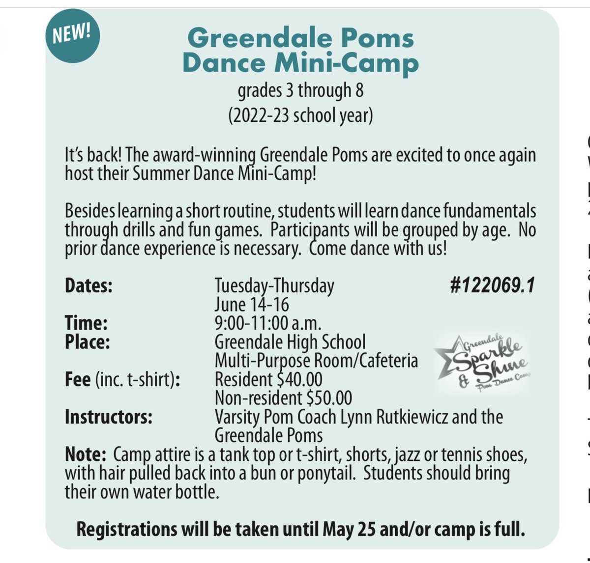 GreendalePoms's tweet photo. We are so excited to once again host our Summer Dance Camp! Registration opens Saturday, May 14 online via @GreendaleRec. Come dance with us! https://t.co/i2uZDQa7S1