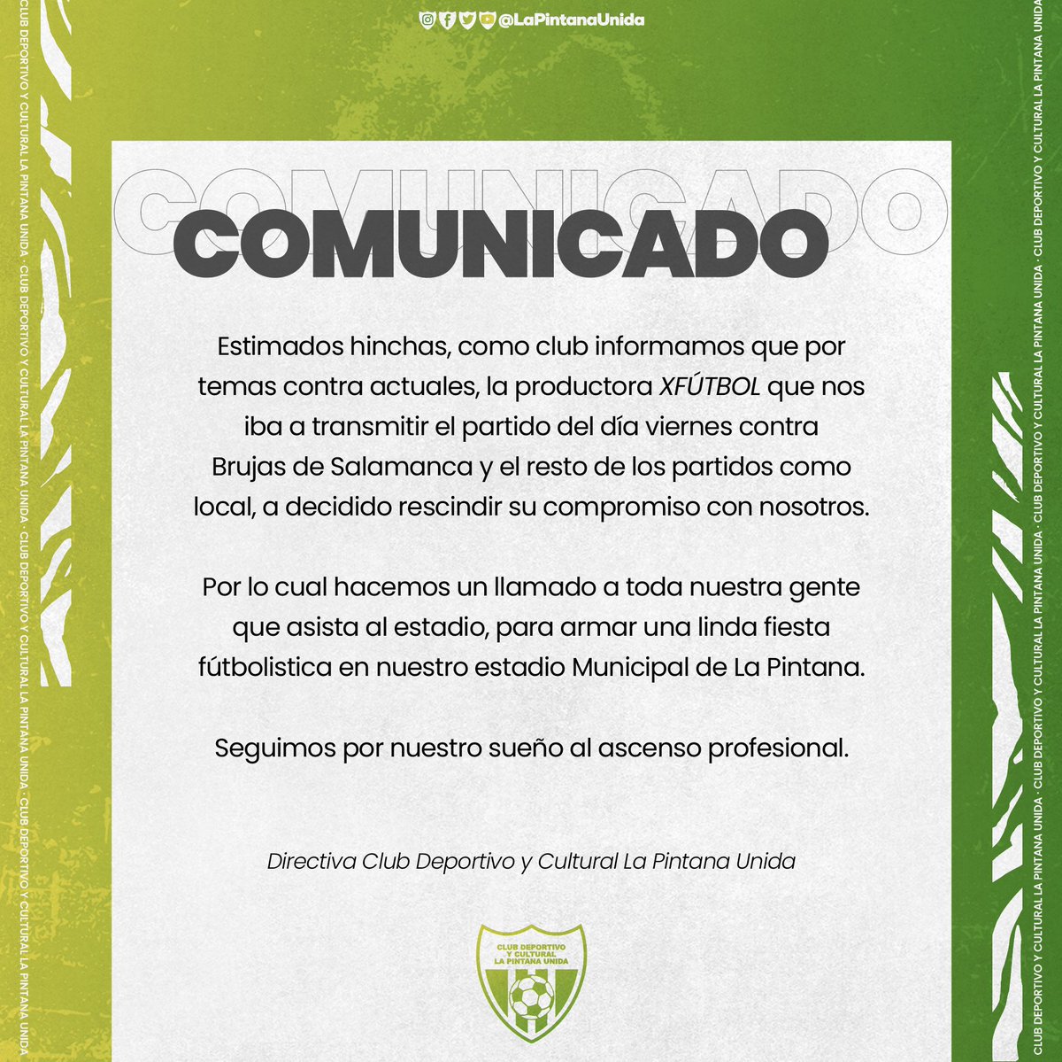 PintanaUnida's tweet photo. #COMUNICADO 🟢🟡
Damos a conocer información importante para el día viernes. No seguirá el proceso de ventas por ticketera para ver nuestro partido por Streaming.

🎟️ Venta de entradas en la puerta de nuestro estadio.
💲2.000 por persona.

#VamosLaPintana #DalePintana https://t.co/KGq0I1FvZf
