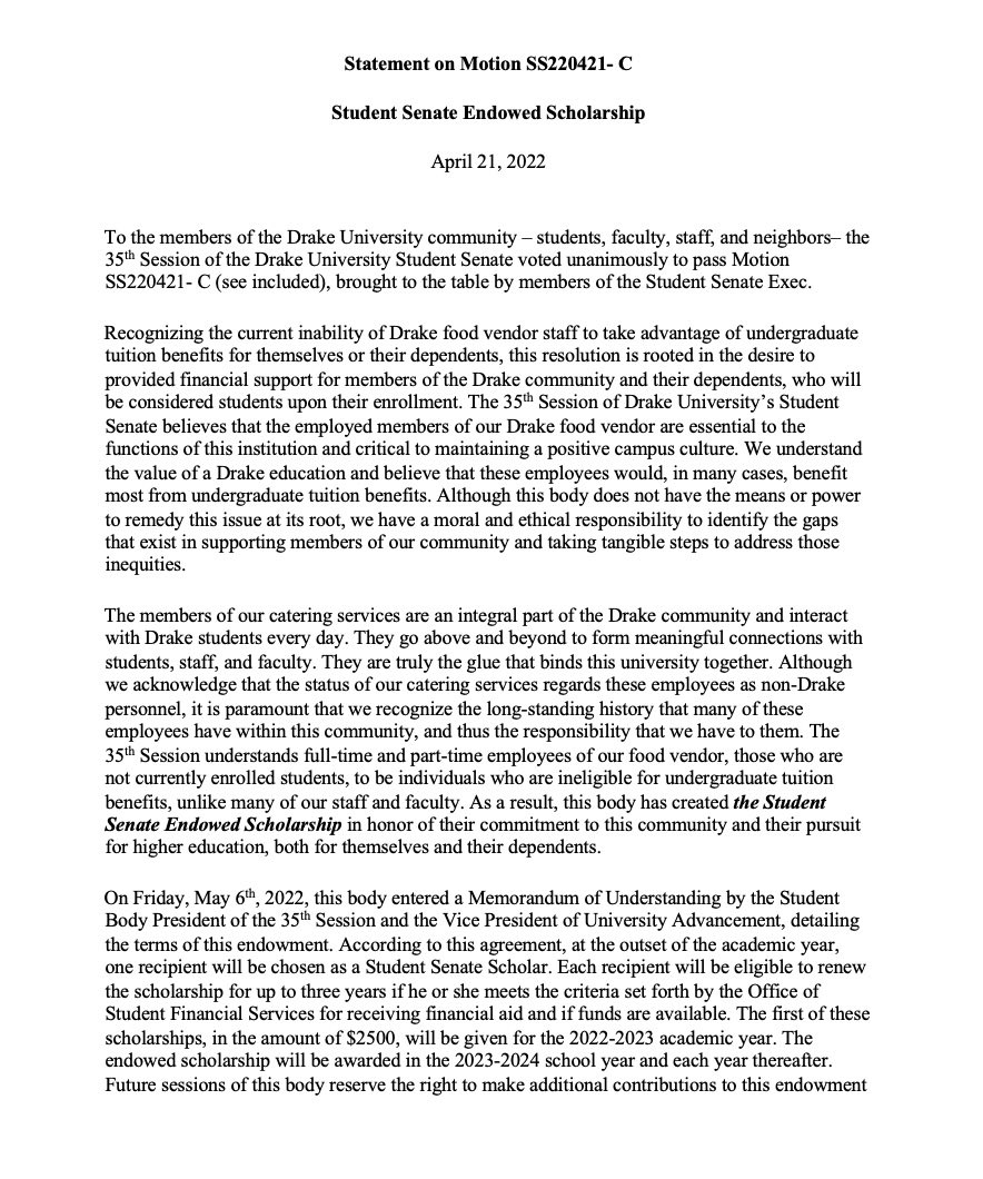 Drake University Student Senate tweet media