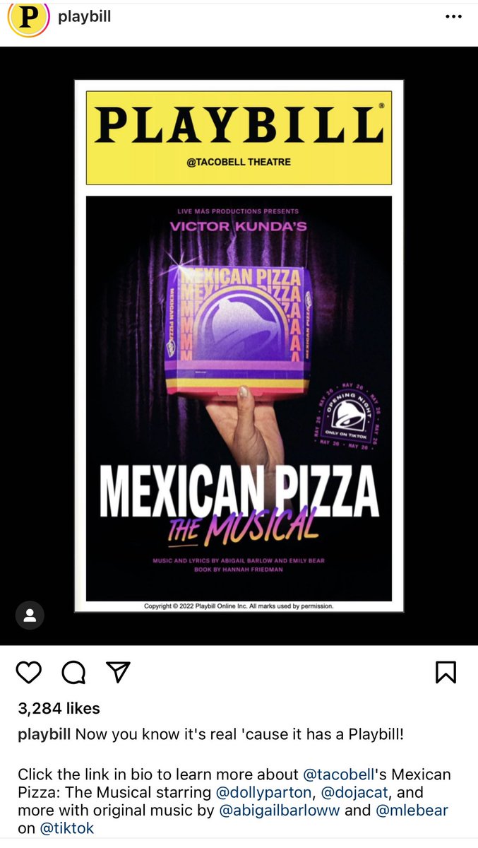 It’s REAL ⁦⁦@playbill⁩ ⁦@DollyParton⁩ ⁦@DojaCat⁩ ⁦@tacobell⁩ ⁦@abigailbarloww⁩ #BarlowandBear #MexicanPizzaTheMusical  instagram.com/p/CdbllczJOzM/…