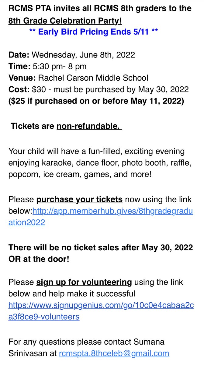 RCMS_PTA's tweet photo. RCMS PTA invites all RCMS 8th graders to the 8th Grade Celebration Party!

 ** Early Bird Pricing Ends TODAY 5/11 **

Tickets purchase at: https://t.co/f26bIliZPL

Volunteer sign-up:
https://t.co/maGHjf1mhZ

For questions contact Sumana Srinivasan- rcmspta.8thceleb@gmail.com https://t.co/9NnGrYYmqi