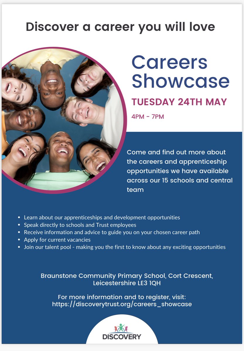 MattSPeet's tweet photo. Come and join us at the Discovery Schools Trust Recruitment Fair - lots of opportunities to discuss careers and the vacancies that are currently on offer in our amazing schools #DiscoverySchoolsTrust Tuesday 24th May 2022 4pm - 7pm https://t.co/AG5dTpSMSM