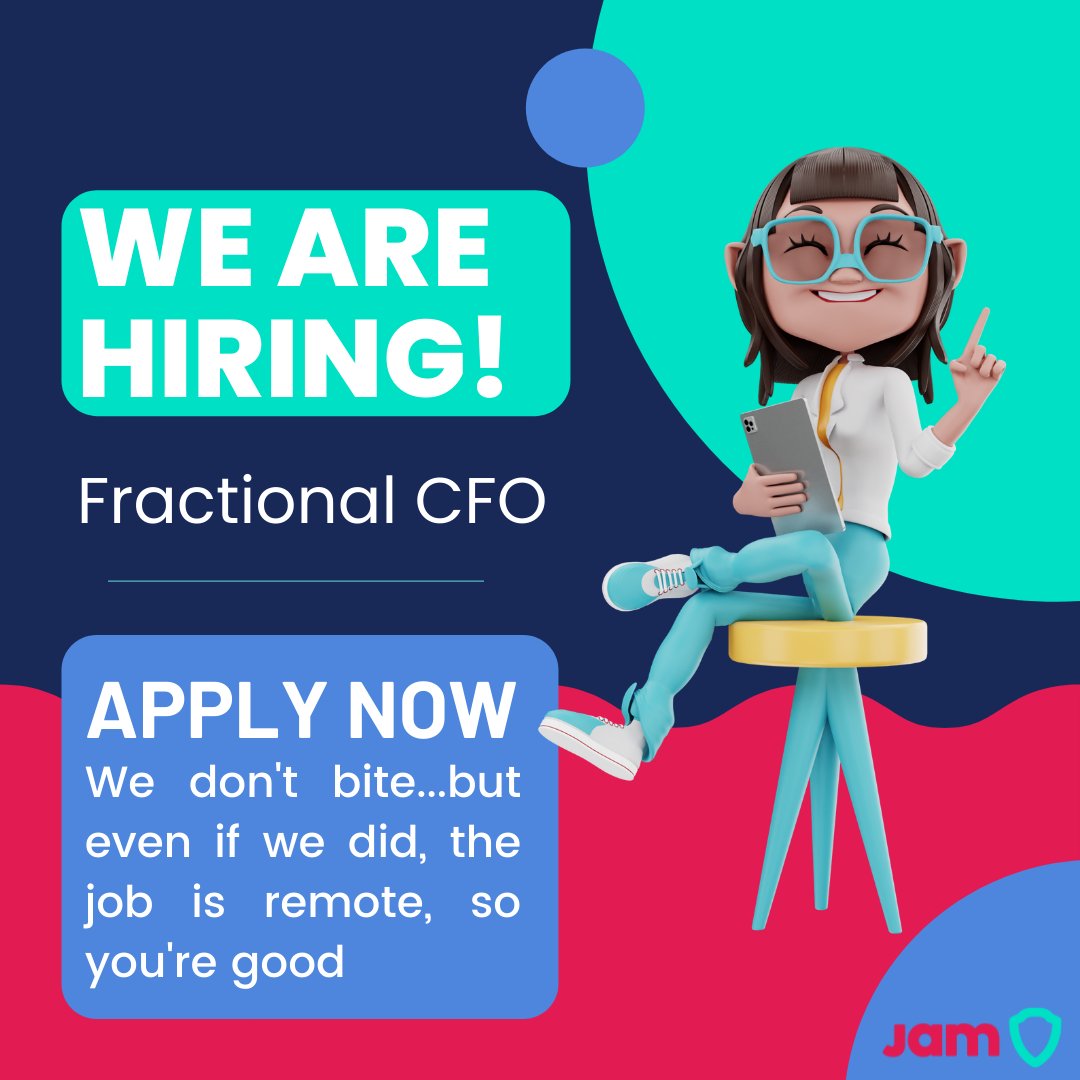 Another #workwithuswednesday is here!

JAM is now hiring a Fractional CFO (remote, flexible hours) to join our team!

Link to apply here:
jam.bamboohr.com/jobs/view.php?…

We can't wait to meet you!

.
.
.
#newhires #hiring #job #jobposting #culture #culturefocused #keepplaying #cfo