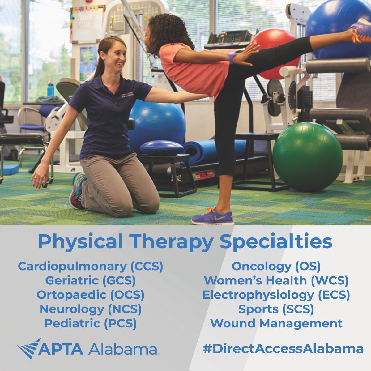 APTAAlabama's tweet photo. Physical therapy is a very diverse profession with specialties in ten different areas.
We will spotlight each of the ten specialties to help you learn more about what the profession of physical therapy has to offer.
#PTSpecialtySpotlight
#DirectAccessAlabama https://t.co/Rs2b7pFxLG