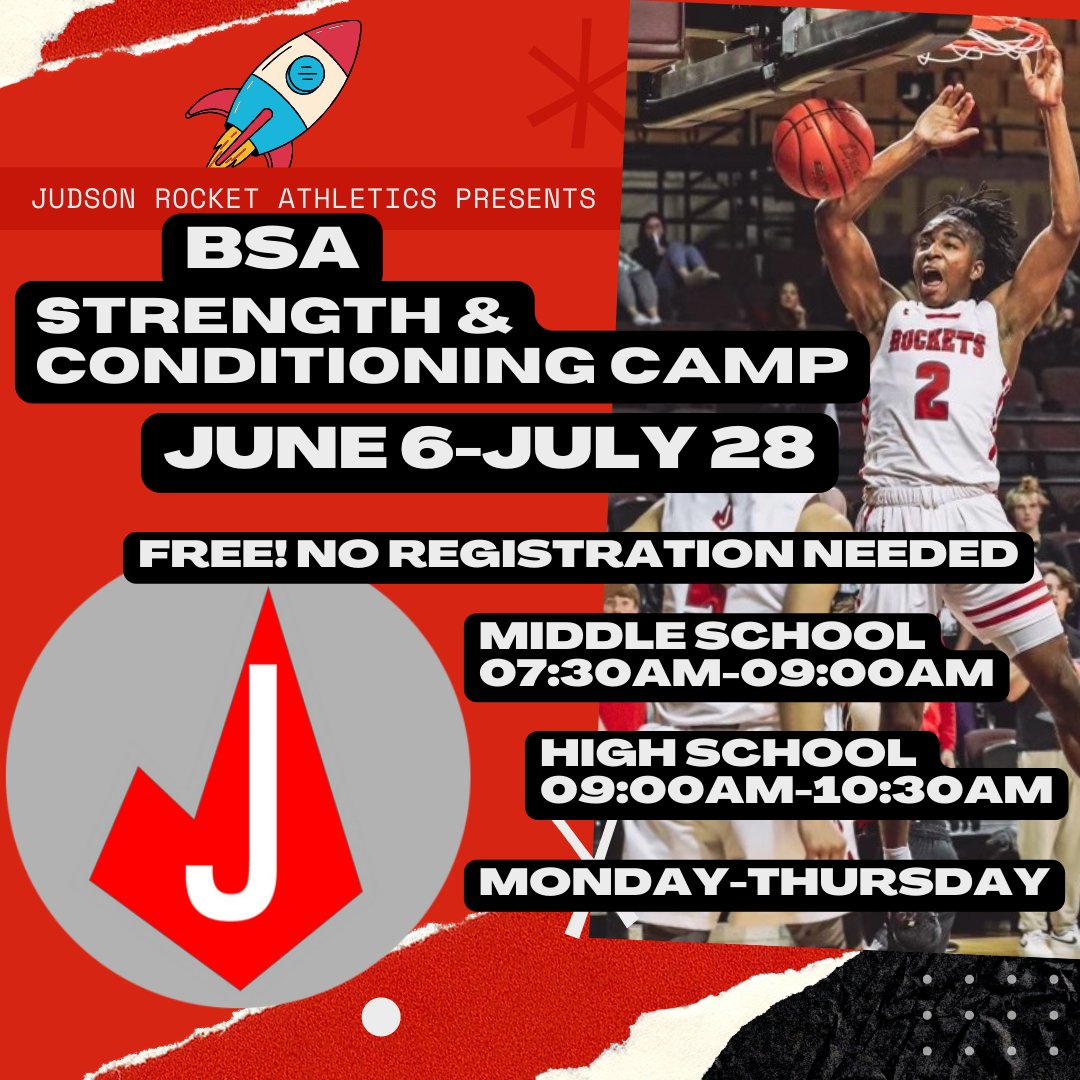 JudsonHoops1's tweet photo. Judson athletes, don't pay for Strength and Conditioning this summer, when you can get some of the best for FREE. See flier. No excuses #rocketpride #protectthebrand @JISD_ATHLETICS @JudsonGBB https://t.co/7UHIIo934S