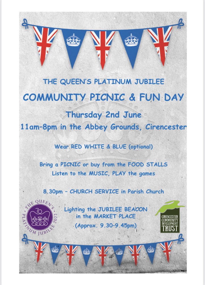 The Queen’s Platinum Jubilee 

Get ready to celebrate in the Abbey Grounds on Thursday 2 June - everyone welcome.

#redwhiteandblue #thequeensplatinumjubilee2022 #abbeygroundscirencester #community #jubileebeacon