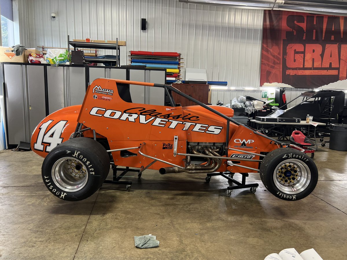 DaveyHamiltonJr's tweet photo. The DHR #14 Classic Corvettes USAC Silver Crown car is ready for battle for Carb Night May 27th at Lucas Oil Indianapolis Raceway Park! Thank you Shadow Graphix! 

#ClassicCorvettes #MorganExteriors #ThinEnergy #GoFastTakeChances  #CMTSLogistics #CityWidePaving https://t.co/csjSEYoiBg