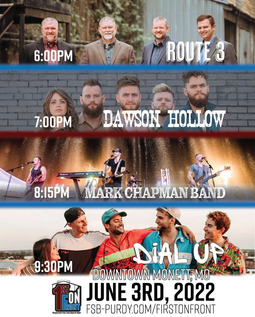 Mark those calendars! We are BACK for one ☝️ epic night in downtown Monett, MO on 6/3/22! We have {FOUR} bands to play our festival! Did we mention the dozen or so food trucks that are joining our block party too? Hosted by @FSBofPurdy